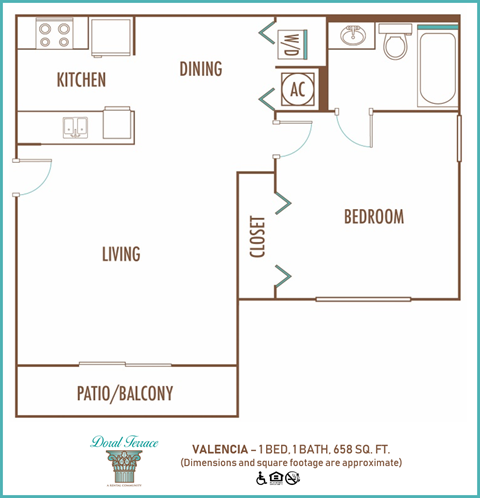 Floor plan for 1 bed, 1 bath, 658 sqft